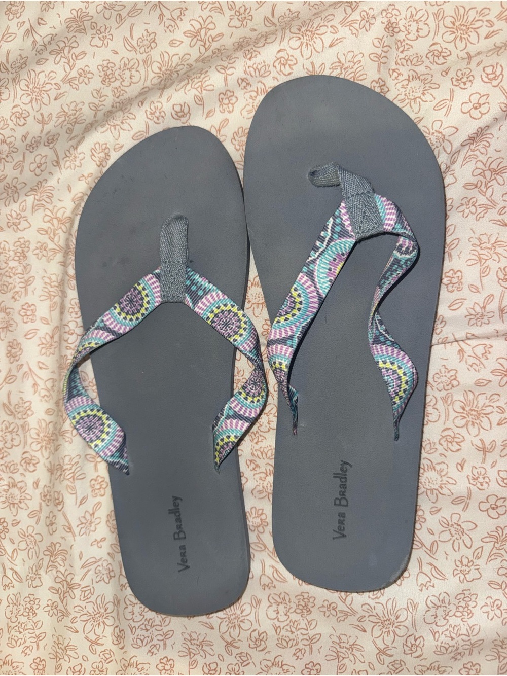 Vera Bradley Gray Flip Flops with Multicolor Patterned Straps